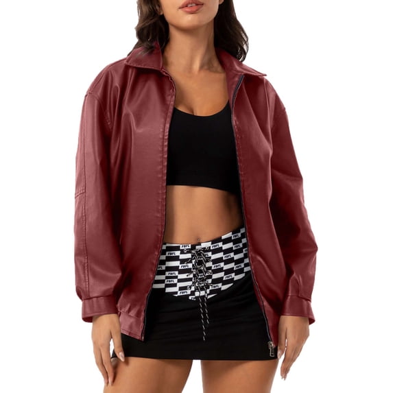 Ahdbta Women's Leather Jackets Loose Fitted Zip Up Lapel Bomber Coats Solid Color Streetwear Motorcycle Outwears with Pockets