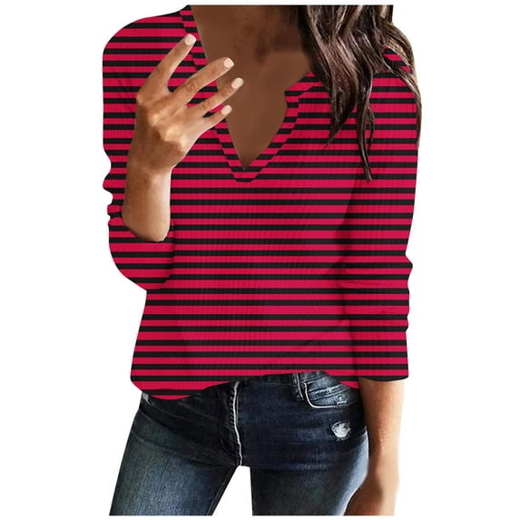 Ahdbta Women's Long Sleeve Blouses Casual Loose Fitted Sexy V-Neck Tunic Shirts Color Block Striped Waffle Knit Tees Tops