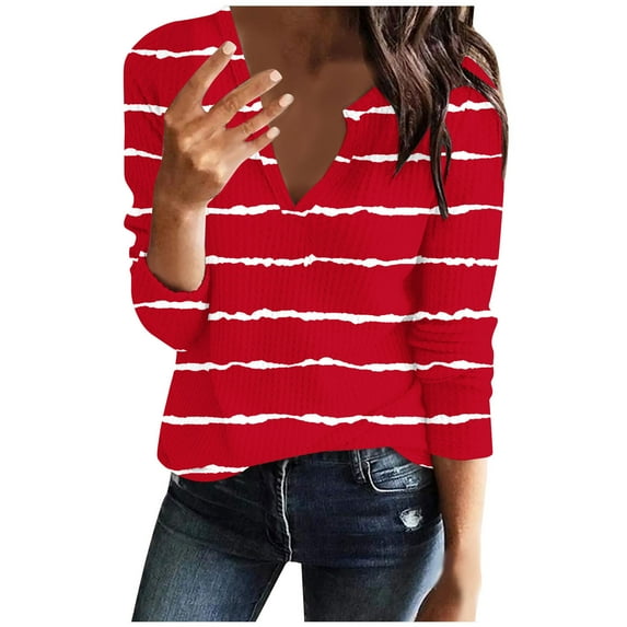 Ahdbta Women's Long Sleeve Blouses Casual Loose Fitted Sexy V-Neck Tunic Shirts Color Block Striped Waffle Knit Tees Tops