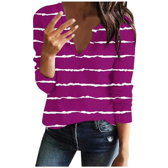 Ahdbta Women's Long Sleeve Blouses Casual Loose Fitted Sexy V-Neck Tunic Shirts Color Block Striped Waffle Knit Tees Tops