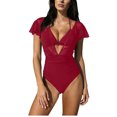 thumbnail image 1 of Ahdbta Women's One Piece Swimsuit Bathing Suit Halter Triangle Tops V Neck Ruched Short Sleeve Mesh Ruffled Swimwear, 1 of 5