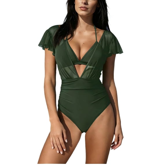 Ahdbta Women's One Piece Swimsuit Bathing Suit Halter Triangle Tops V Neck Ruched Short Sleeve Mesh Ruffled Swimwear