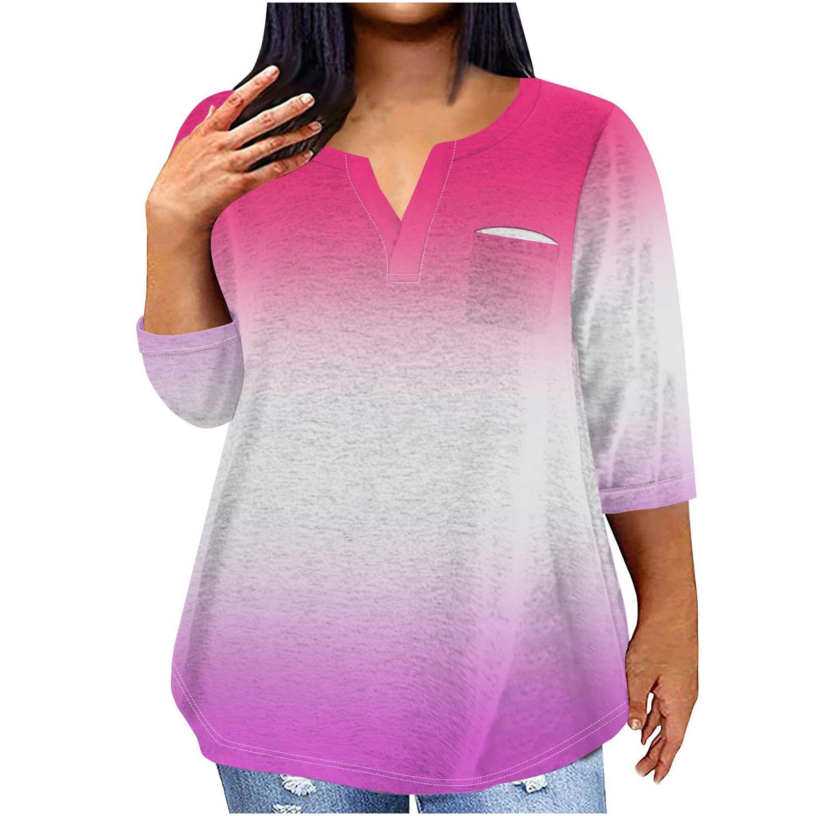 Ahdbta Women's Plus Size Tops 3/4 Roll Sleeve Shirts V Neck Blouses ...