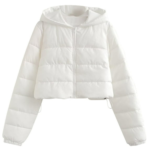 Ahdbta Women's Puffer Jackets Solid Color Long Sleeve Cropped Coats Zip Up Warm Padded Winter Hooded Quilted Outwears