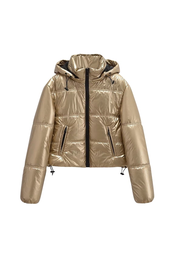 Women's Puffer Jackets Solid Color Long Sleeve Cropped Coats Zip Up Warm Padded Winter Hooded Quilted Outwears