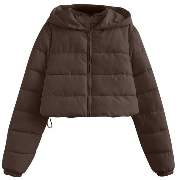 Ahdbta Women's Puffer Jackets Solid Color Long Sleeve Cropped Coats Zip Up Warm Padded Winter Hooded Quilted Outwears