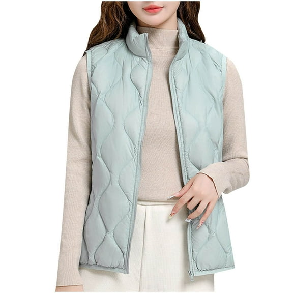 Ahdbta Women's Puffer Vests Plus Size Stand Collar Lightweight Sleeveless Jackets Full Zipper Solid Color Winter Quilted Vests