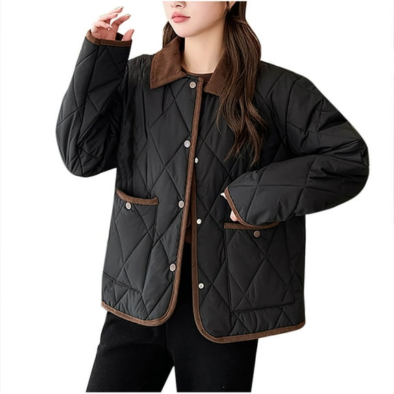 Ahdbta Women's Quilted Jackets Button Down Collared Long Sleeve Winter Coats Color Block Warm Padded Puffer Jackets with Pockets