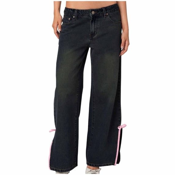 Ahdbta Women's Straight Leg Jeans Drawstring High Waisted Baggy Denim Trousers Lounge Distressed Washed Jeans with Pockets