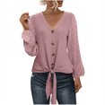 thumbnail image 1 of Ahdbta Women's Sweaters Button Down V-Neck Waffle Knit Pullover Tops Swiss Dot Patchwork Long Sleeve Tie Knot Hem Shirts, 1 of 6