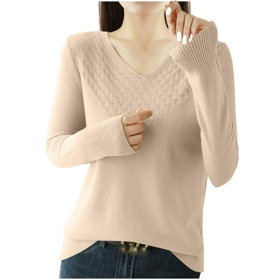 Ahdbta Women's Sweaters Sexy V-Neck Long Sleeve Casual Pullover Tops Solid Color Fall Winter Warm Comfort Knitted Sweaters