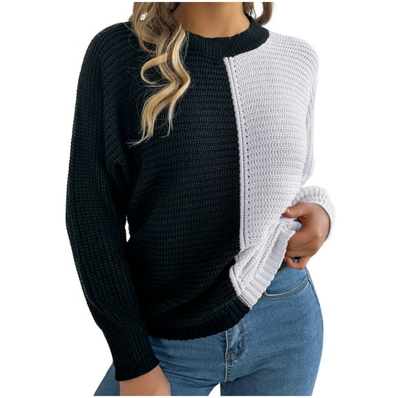 Ahdbta Women's Sweaters Trendy Color Block Loose Fit Twist Knitted Pullover Tops Casual Fall Winter Warm Crewneck Sweaters