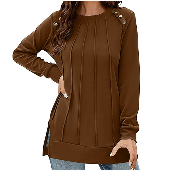 Ahdbta Women's Sweatshirts Long Sleeve Crewneck Pleated Front Pullover Tops Solid Color Button Decor Trendy Side Split Tops