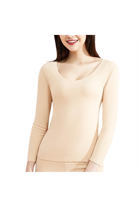 Women's Thermal Underwears Long Sleeve Scoop Neck Stretch Base Shirts Solid Color Fleece Lined Cozy Fall Winter Tops
