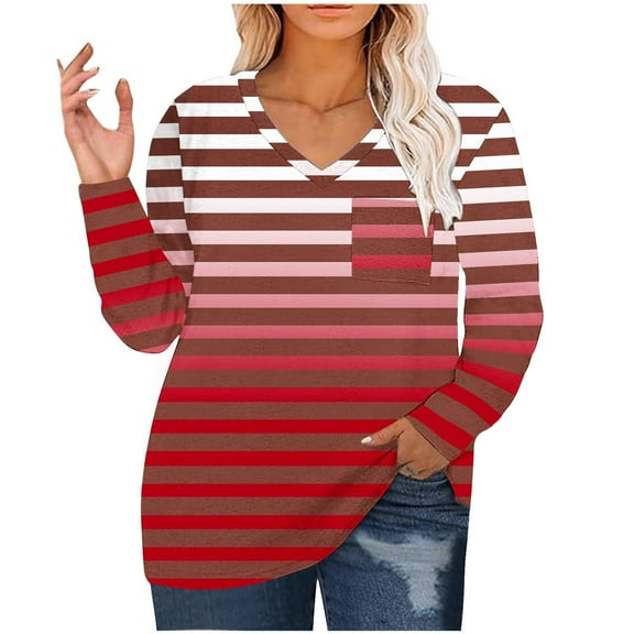 Ahdbta Women's Tunic T Shirts Color Block Striped Plus Size Long Sleeve Tops Sexy V-Neck Loose Fitted Thin Blouses with Pockets