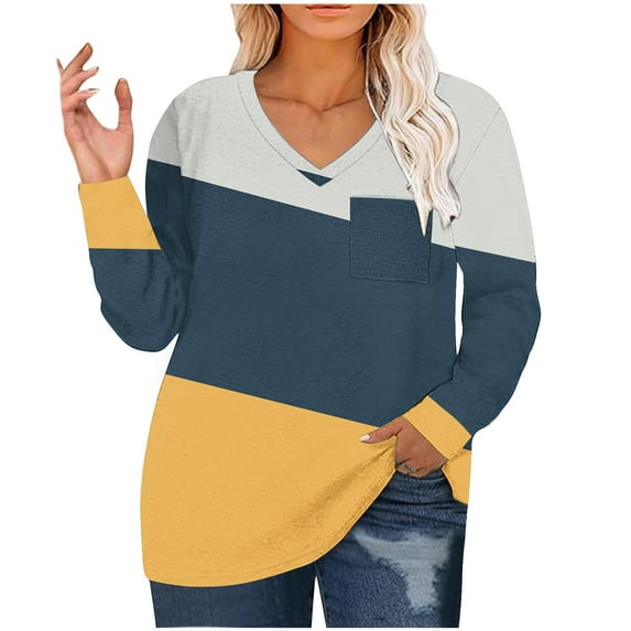 Ahdbta Women's Tunic T Shirts Color Block Striped Plus Size Long Sleeve Tops Sexy V-Neck Loose Fitted Thin Blouses with Pockets