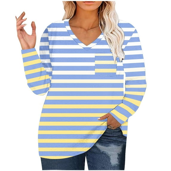 Ahdbta Women's Tunic T Shirts Color Block Striped Plus Size Long Sleeve Tops Sexy V-Neck Loose Fitted Thin Blouses with Pockets