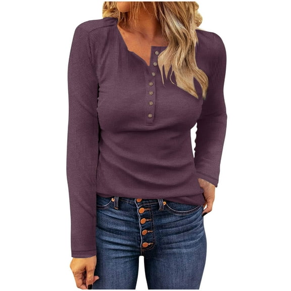 Ahdbta Women's Waffle Knit Tops Casual Long Sleeve Blouses Slim Fitted Button V Neck Henley Shirts Base Layer Basic Tees