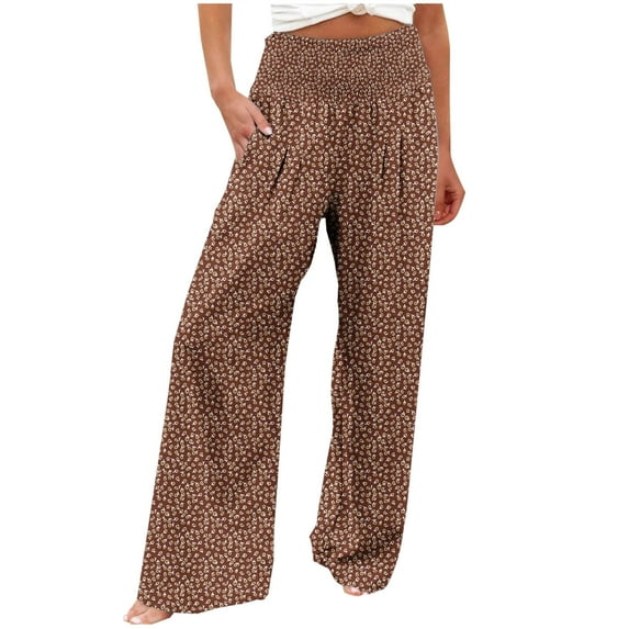 Ahdbta Women's Wide Leg Trousers Smocked Elastic Waist Linen Lounge Print Pants Lightweight Comfy Palazzo Pants with Pockets