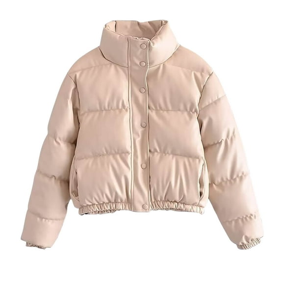 Ahdbta Women's Winter Coats Button Down Stand Collar Cropped Quilted Jackets Long Sleeve Warm Padded Leather Jackets with Pockets