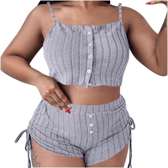 Ahdbta Womens 2 Piece Pajama Set Ribbed Knit Cami Top with Drawstring Ruffle Shorts Cozy Casual Sleepwear Outfit