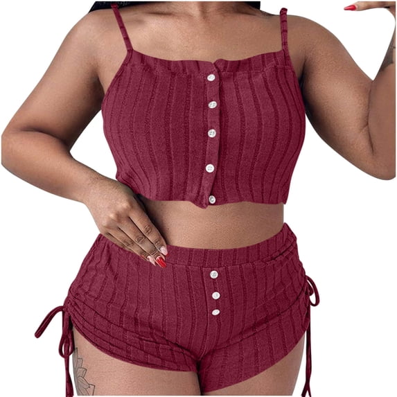 Ahdbta Womens 2 Piece Pajama Set Ribbed Knit Cami Top with Drawstring Ruffle Shorts Cozy Casual Sleepwear Outfit