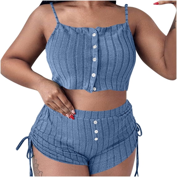Ahdbta Womens 2 Piece Pajama Set Ribbed Knit Cami Top with Drawstring Ruffle Shorts Cozy Casual Sleepwear Outfit