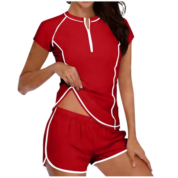Ahdbta Womens 2 Piece Rash Guard Short Sleeve Swimsuit Half Zip Swim Shirts Built in Bra with Boyshort Bottom Bathing Suits
