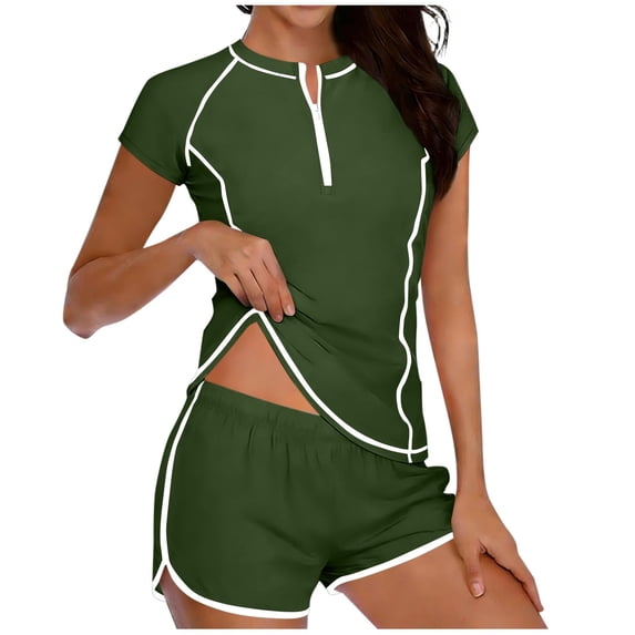 Ahdbta Womens 2 Piece Rash Guard Short Sleeve Swimsuit Half Zip Swim Shirts Built in Bra with Boyshort Bottom Bathing Suits