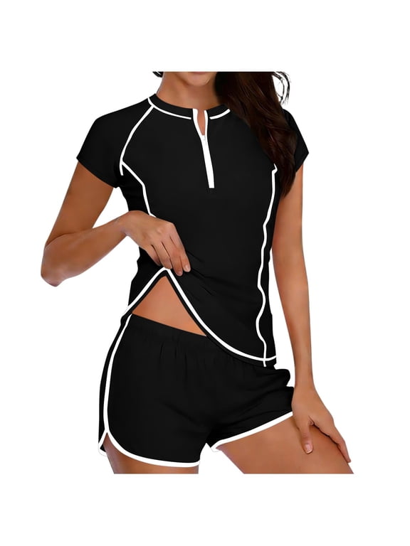 Womens 2 Piece Rash Guard Short Sleeve Swimsuit Half Zip Swim Shirts Built in Bra with Boyshort Bottom Bathing Suits