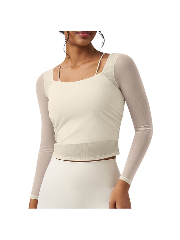 Womens 2 in 1 Yoga Crop Top Mesh Long Sleeve Gym Athletic Tops Workout Shirts with Medium Support Sports Bra