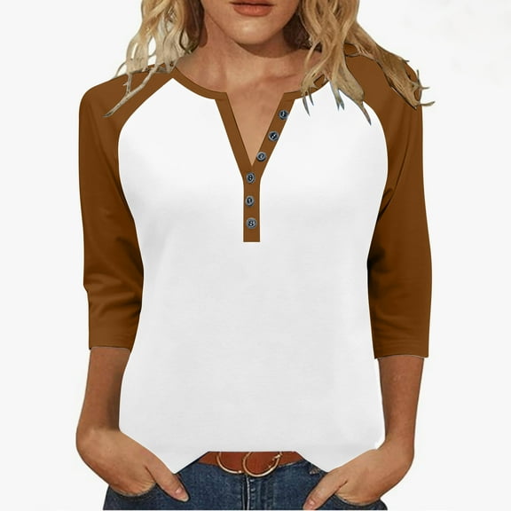 Ahdbta Womens 3/4 Length Sleeve Tops Dressy Button V Neck Henley Shirt Dressy Casual Raglan Shirts Color Block Tunic Blouses