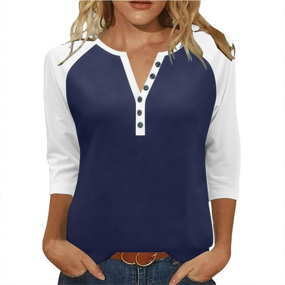 Ahdbta Womens 3/4 Length Sleeve Tops Dressy Button V Neck Henley Shirt Dressy Casual Raglan Shirts Color Block Tunic Blouses