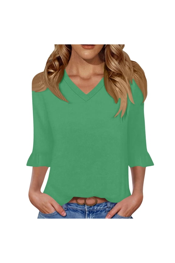 Womens 3/4 Length Sleeve Tunic Tops Dressy Casual V Neck Shirts Summer Fall Ruffle Basic Tees Shirt Loose Fit Blouses
