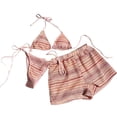 thumbnail image 1 of Ahdbta Womens 3 Piece Swimsuit Boho Bikini Sets Striped Textured Hollow Out Halter Triangle Bathing Suit with Cover Up Shorts, 1 of 6