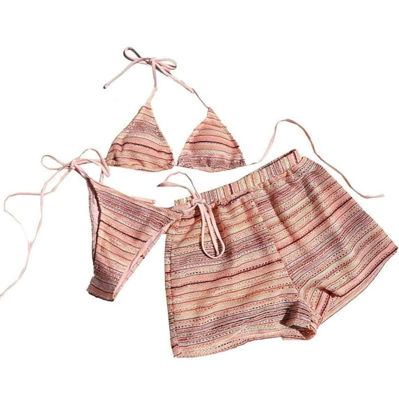 Ahdbta Womens 3 Piece Swimsuit Boho Bikini Sets Striped Textured Hollow Out Halter Triangle Bathing Suit with Cover Up Shorts