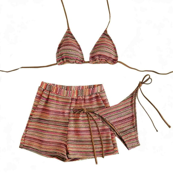 Ahdbta Womens 3 Piece Swimsuit Boho Bikini Sets Striped Textured Hollow Out Halter Triangle Bathing Suit with Cover Up Shorts