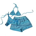 thumbnail image 1 of Ahdbta Womens 3 Piece Swimsuit Boho Bikini Sets Striped Textured Hollow Out Halter Triangle Bathing Suit with Cover Up Shorts, 1 of 7