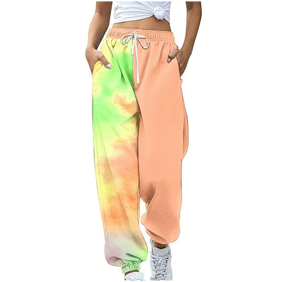 Ahdbta Womens Baggy Sweatpants Trendy Tie Dye Print Straight Leg Pants Drawstring Elastic Waist Pants with Pockets