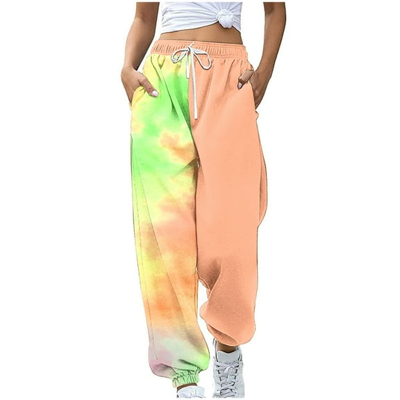 Ahdbta Womens Baggy Sweatpants Trendy Tie Dye Print Straight Leg Pants Drawstring Elastic Waist Pants with Pockets