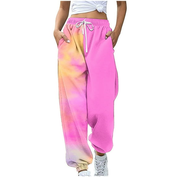 Ahdbta Womens Baggy Sweatpants Trendy Tie Dye Print Straight Leg Pants Drawstring Elastic Waist Pants with Pockets