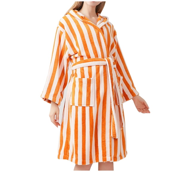 Ahdbta Womens Bath Gown Long Sleeve Fleece Winter Hooded Nightgown Trendy Striped Cozy Warm Belted Robes with Pockets