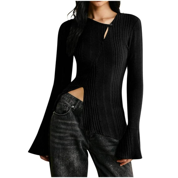 Ahdbta Womens Bell Long Sleeve Tops Y2K Going Out Fall Ribbed Knitted Pullover Lightweight Asymmetrical Neck Side Split Shirts