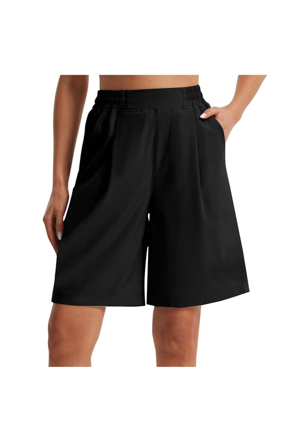 Womens Bermuda Dress Shorts Casual Elastic Waist Wide Leg Suit Shorts Summer Dressy Work Shorts with Pockets