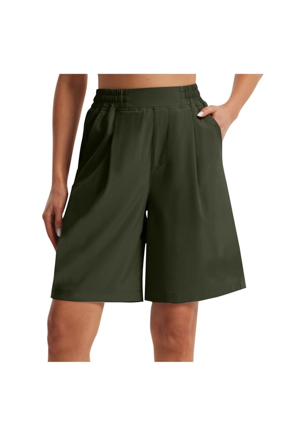 Womens Bermuda Dress Shorts Casual Elastic Waist Wide Leg Suit Shorts Summer Dressy Work Shorts with Pockets