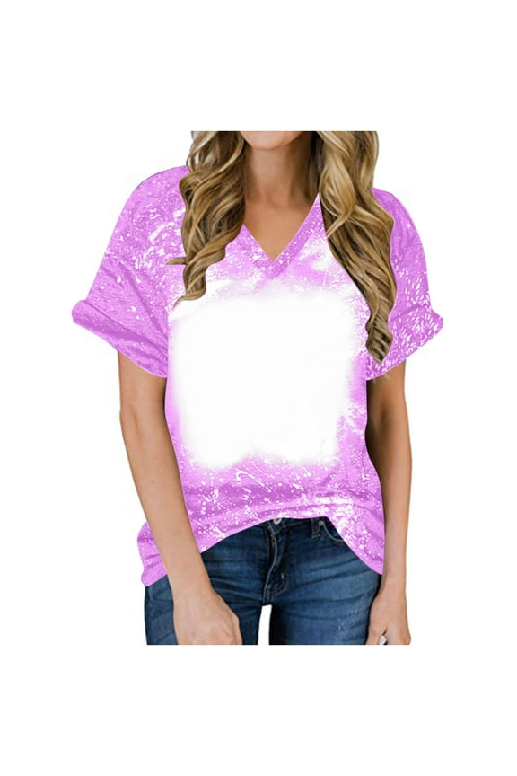 Womens Blank Bleached V Neck Shirts for Sublimation Casual Loose Short Sleeve Summer Tops Polyester Tshirt Sublimation Ready