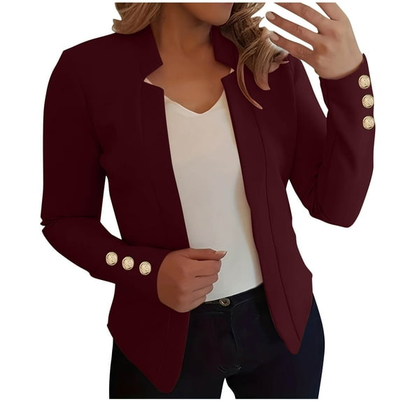 Ahdbta Womens Blazers Jackets Double Breasted Stand Collar Open Front Cropped Coats Solid Color Slim Fit Business Suit Outwears
