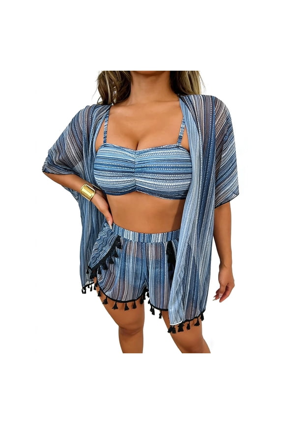 Womens Boho Bikini Set 4 Piece Swimsuits with Short Sleeve Cover Ups Kimono and Shorts Summer Beach Vacation Swimwear Bathing Suits