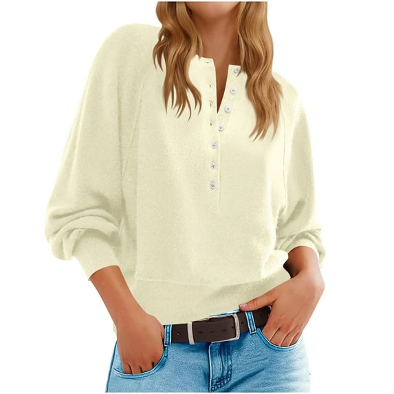 Ahdbta Womens Button Crew Neck Sweater Fall Long Sleeve Henley Shirts Trendy Loose Knit Cropped Pullover Tops