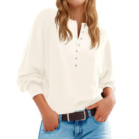 Ahdbta Womens Button Crew Neck Sweater Fall Long Sleeve Henley Shirts Trendy Loose Knit Cropped Pullover Tops